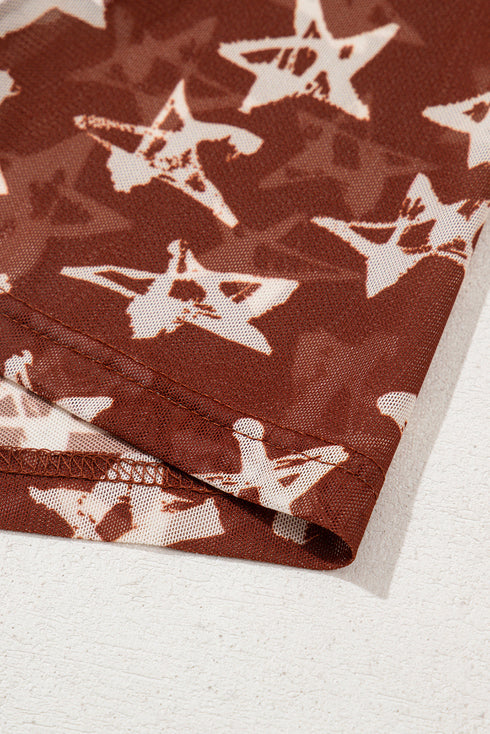 All American Star Print Long Sleeve Sheer Mock Neck Layering Top