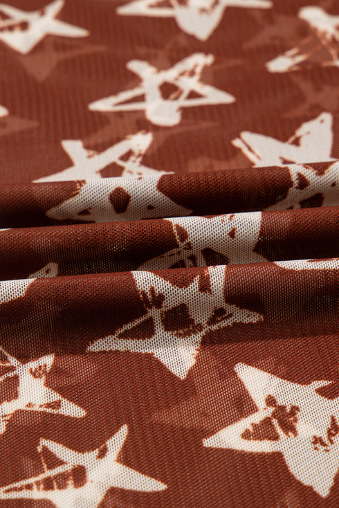 All American Star Print Long Sleeve Sheer Mock Neck Layering Top