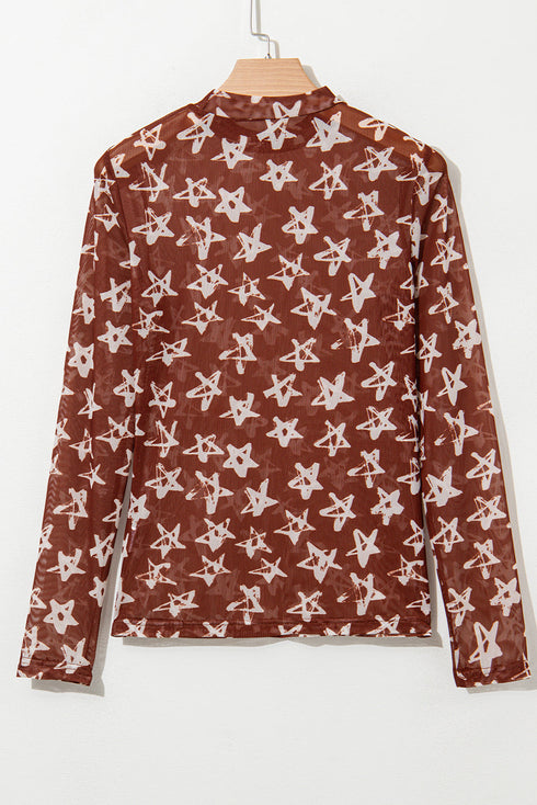 All American Star Print Long Sleeve Sheer Mock Neck Layering Top
