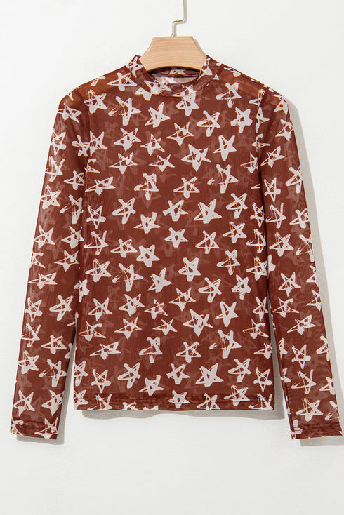 All American Star Print Long Sleeve Sheer Mock Neck Layering Top