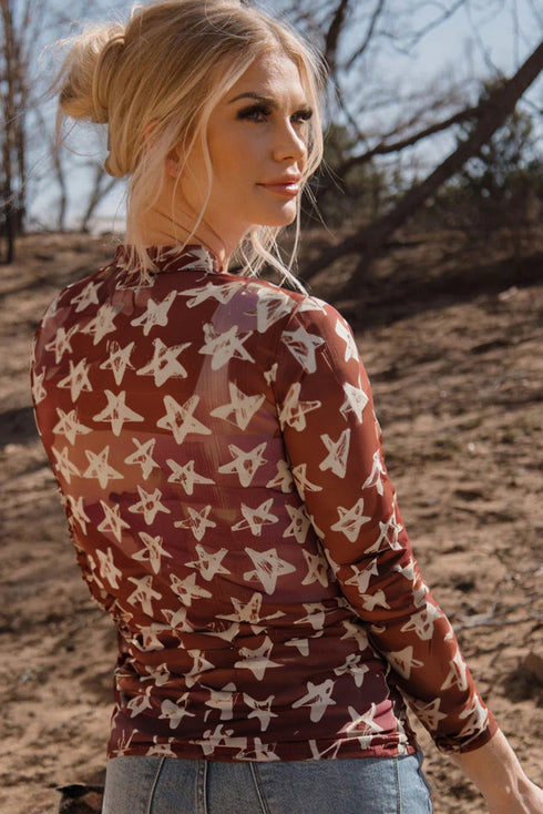 All American Star Print Long Sleeve Sheer Mock Neck Layering Top
