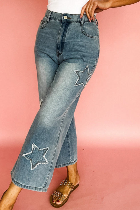 All American Vintage Wash Star Applique High Rise Wide Leg Crop Jeans