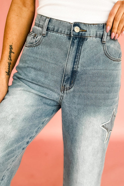 All American Vintage Wash Star Applique High Rise Wide Leg Crop Jeans