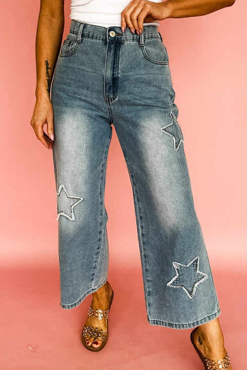 All American Vintage Wash Star Applique High Rise Wide Leg Crop Jeans