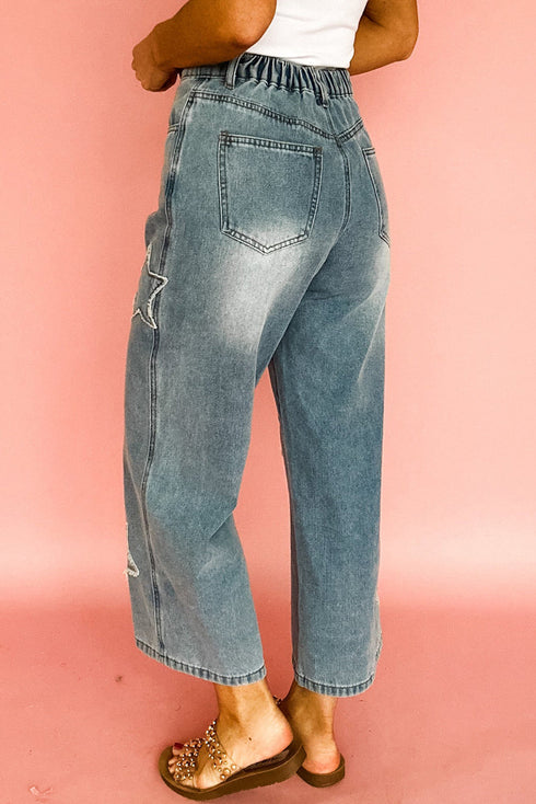 All American Vintage Wash Star Applique High Rise Wide Leg Crop Jeans
