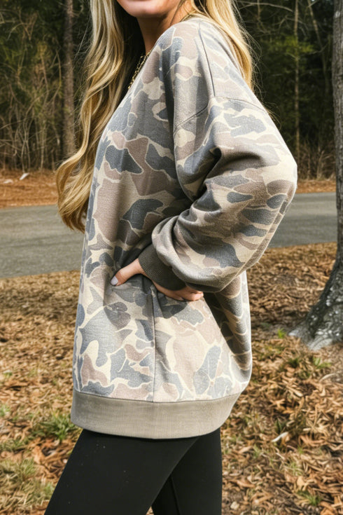 All Over Camo Print Ribbed Trim Pullover Sweatshirt