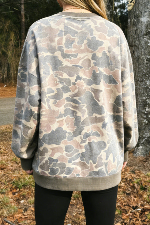 All Over Camo Print Ribbed Trim Pullover Sweatshirt