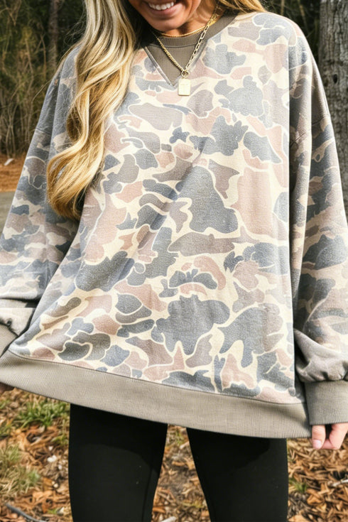 All Over Camo Print Ribbed Trim Pullover Sweatshirt