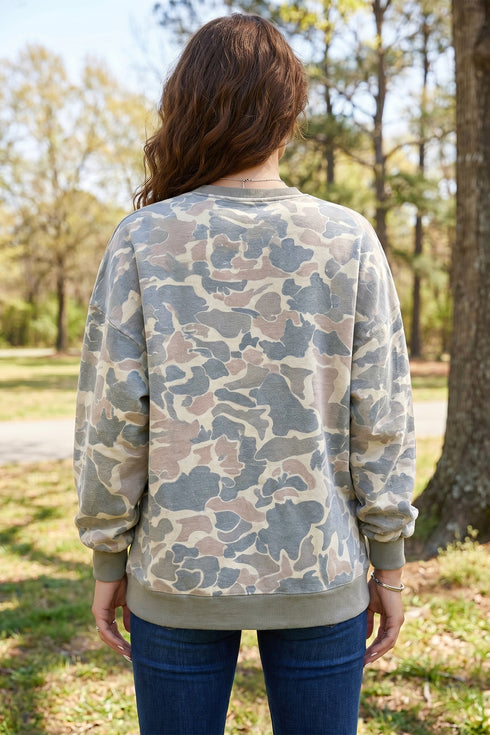 All Over Camo Print Ribbed Trim Pullover Sweatshirt
