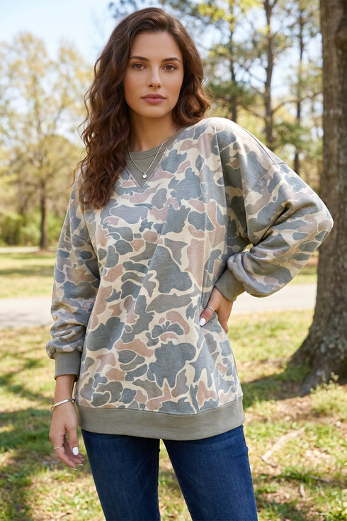 All Over Camo Print Ribbed Trim Pullover Sweatshirt