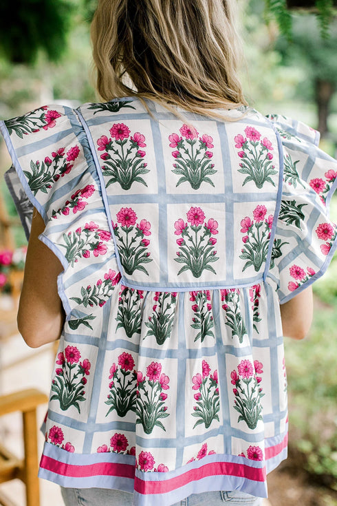 All Over Floral Flutter Sleeve Split V Neck Blouse
