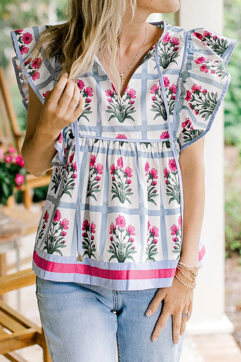 All Over Floral Flutter Sleeve Split V Neck Blouse