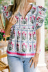 All Over Floral Flutter Sleeve Split V Neck Blouse