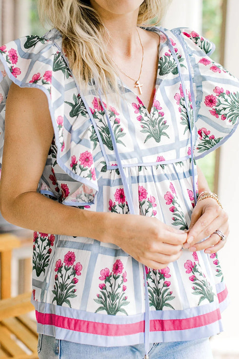 All Over Floral Flutter Sleeve Split V Neck Blouse