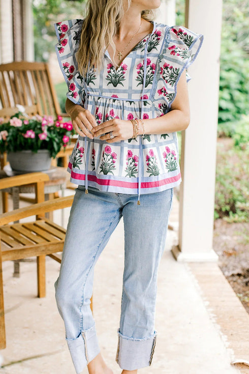 All Over Floral Flutter Sleeve Split V Neck Blouse