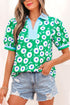 All Over Floral Print Contrast Patchwork Collar Short Sleeve Blouse