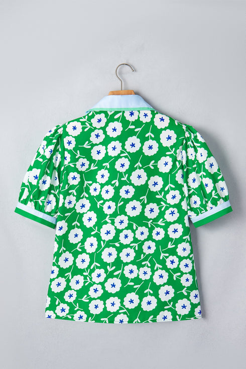All Over Floral Print Contrast Patchwork Collar Short Sleeve Blouse