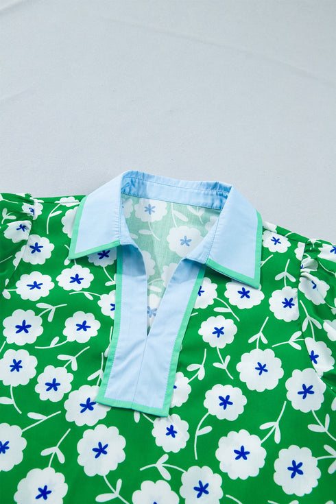 All Over Floral Print Contrast Patchwork Collar Short Sleeve Blouse