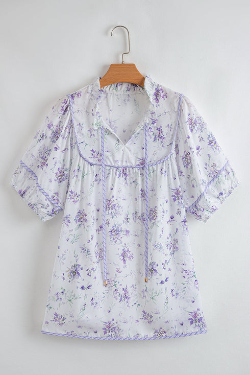 All Over Floral Print Contrast Trim Split Neck Blouse