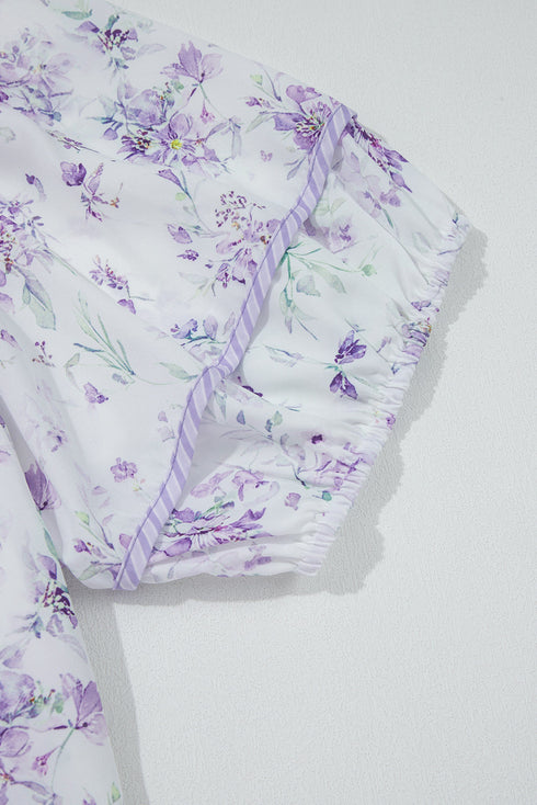 All Over Floral Print Contrast Trim Split Neck Blouse