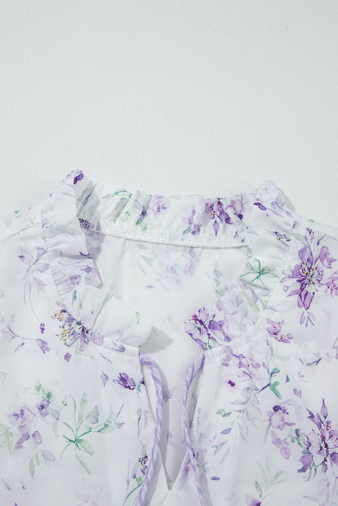 All Over Floral Print Contrast Trim Split Neck Blouse