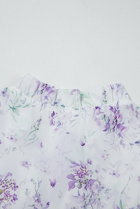 All Over Floral Print Contrast Trim Split Neck Blouse