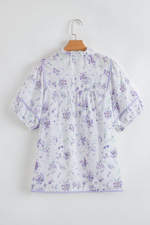 All Over Floral Print Contrast Trim Split Neck Blouse