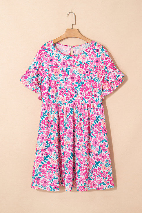 All Over Floral Print Frilled A Line Mini Dress