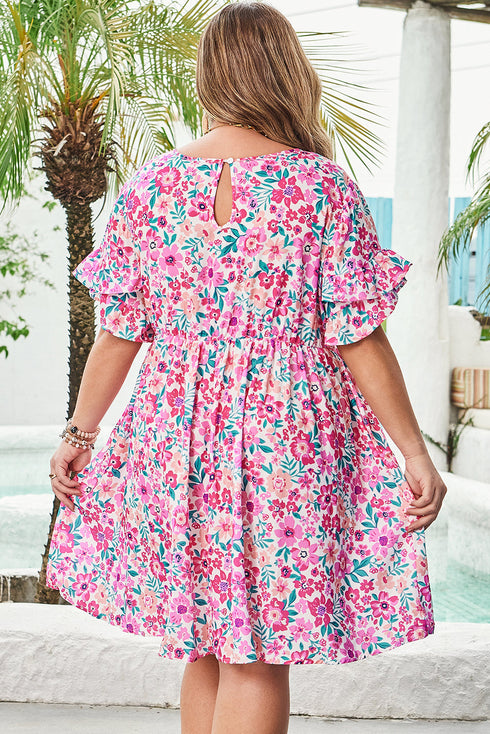 All Over Floral Print Frilled A Line Mini Dress