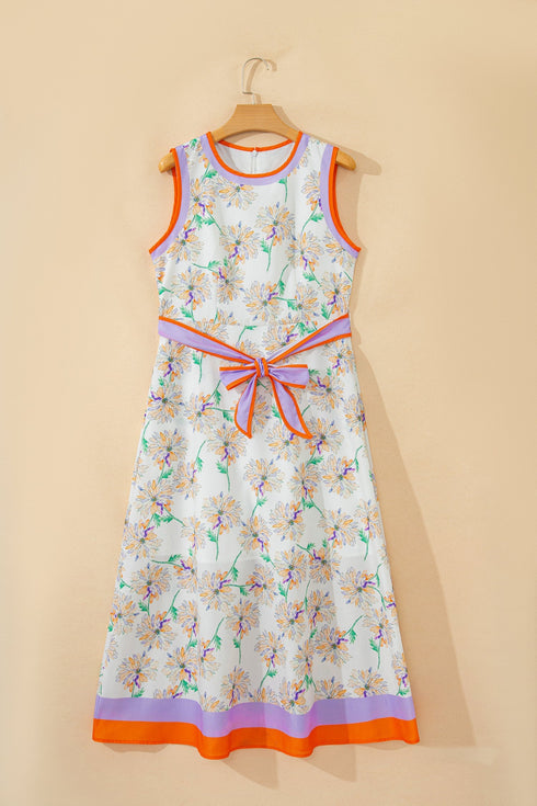 All Over Floral Print Patchwork Belted Sleeveless Maxi Dress