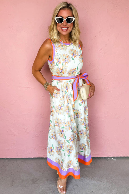 All Over Floral Print Patchwork Belted Sleeveless Maxi Dress