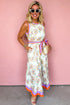 All Over Floral Print Patchwork Belted Sleeveless Maxi Dress