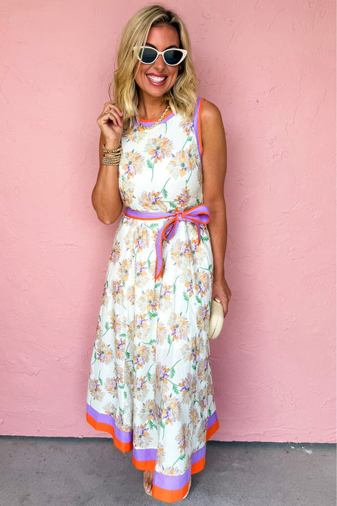All Over Floral Print Patchwork Belted Sleeveless Maxi Dress