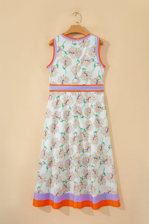 All Over Floral Print Patchwork Belted Sleeveless Maxi Dress