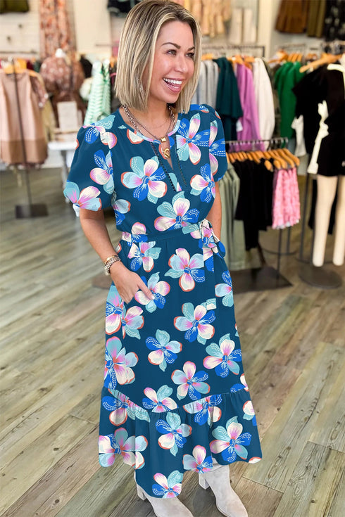All Over Floral Print Puff Sleeve Belted Long Dress