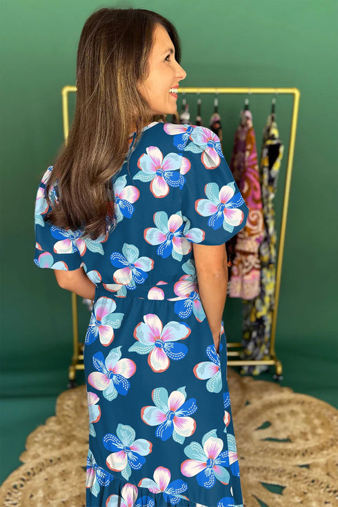 All Over Floral Print Puff Sleeve Belted Long Dress