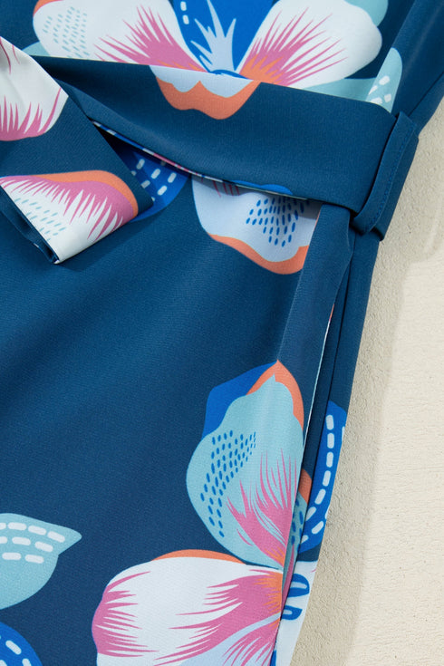 All Over Floral Print Puff Sleeve Belted Long Dress