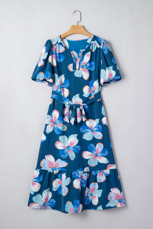 All Over Floral Print Puff Sleeve Belted Long Dress