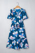 All Over Floral Print Puff Sleeve Belted Long Dress