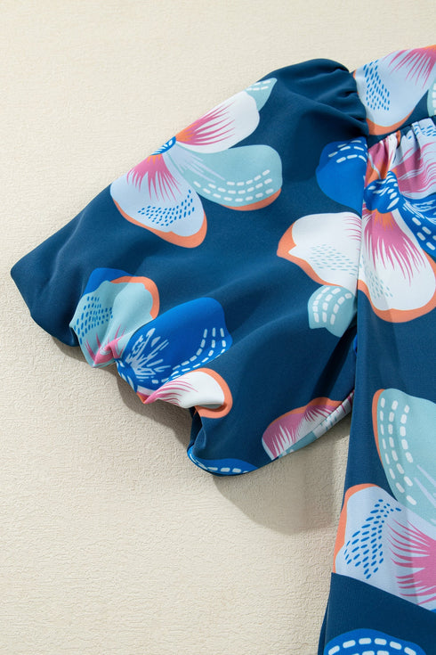 All Over Floral Print Puff Sleeve Belted Long Dress