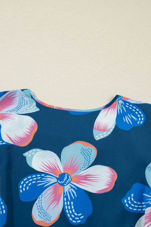 All Over Floral Print Puff Sleeve Belted Long Dress