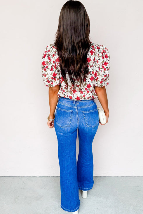 All Over Floral Print Puff Sleeve Button Front Shirt