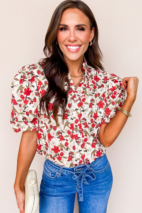 All Over Floral Print Puff Sleeve Button Front Shirt