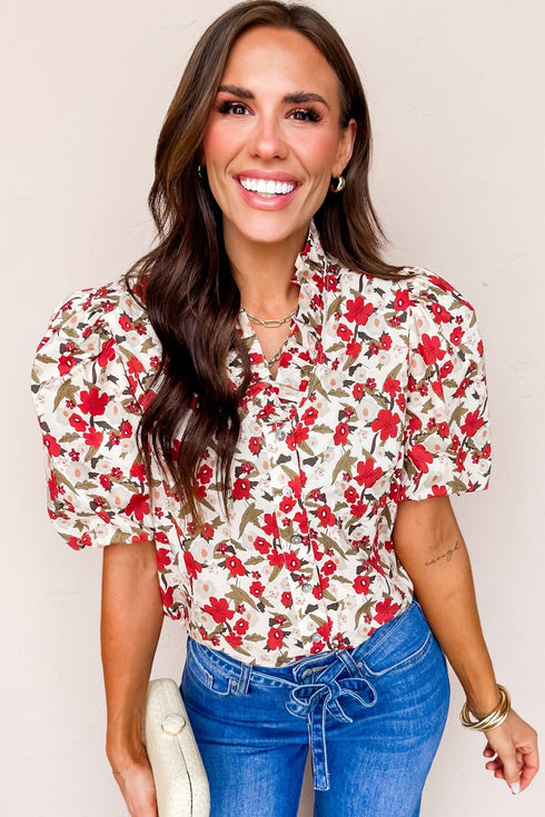 All Over Floral Print Puff Sleeve Button Front Shirt