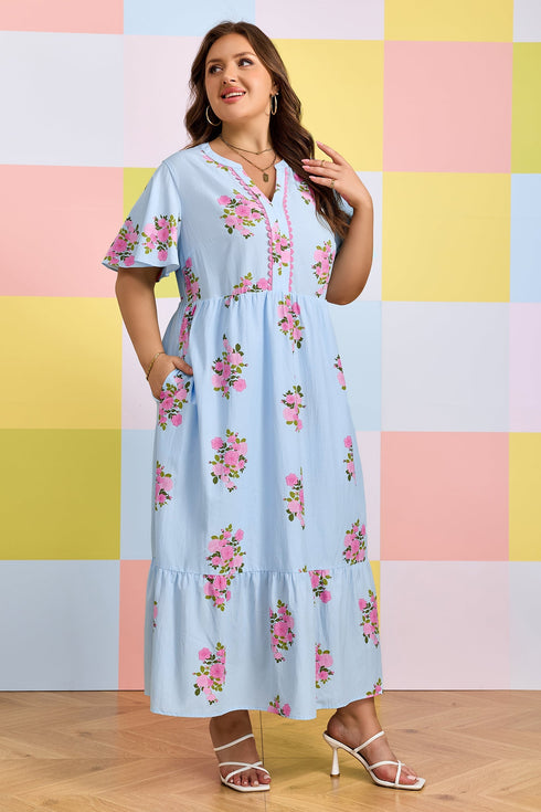 All Over Floral Print Rick Rack A Line Maxi Dress