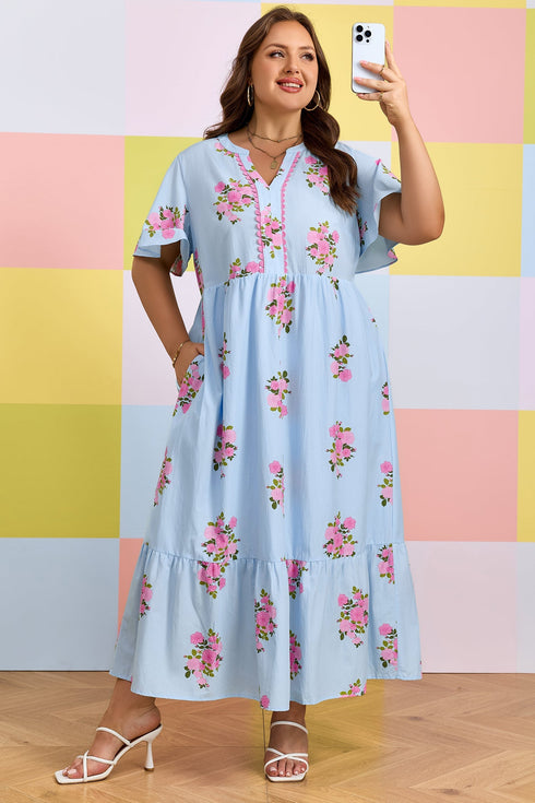 All Over Floral Print Rick Rack A Line Maxi Dress
