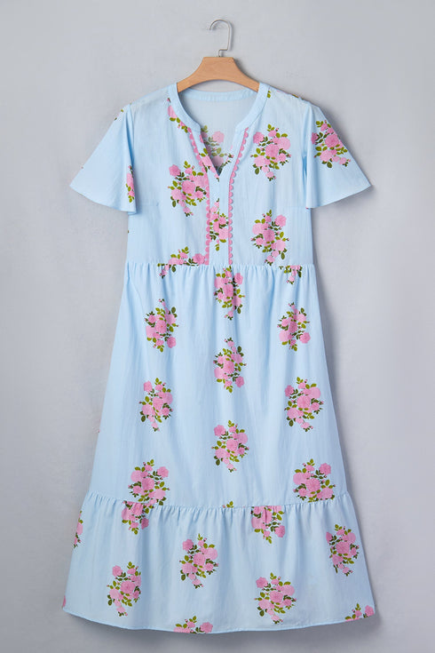 All Over Floral Print Rick Rack A Line Maxi Dress