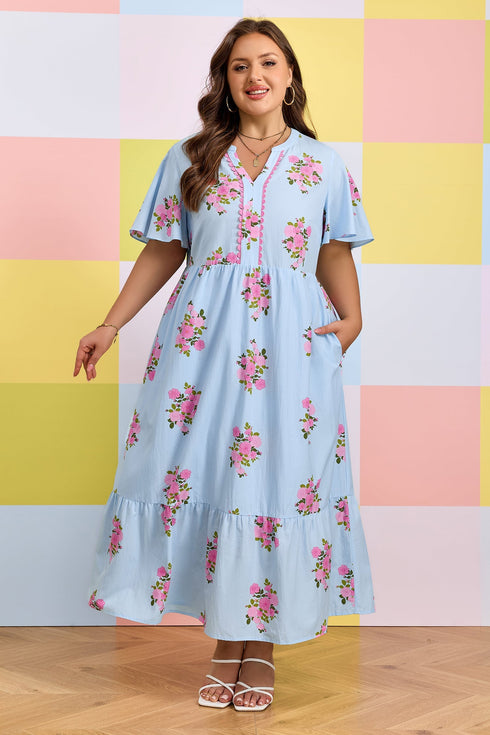 All Over Floral Print Rick Rack A Line Maxi Dress