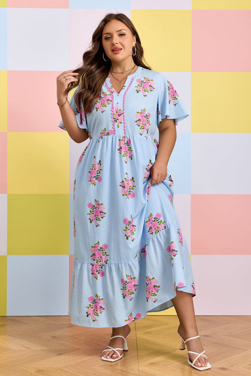 All Over Floral Print Rick Rack A Line Maxi Dress