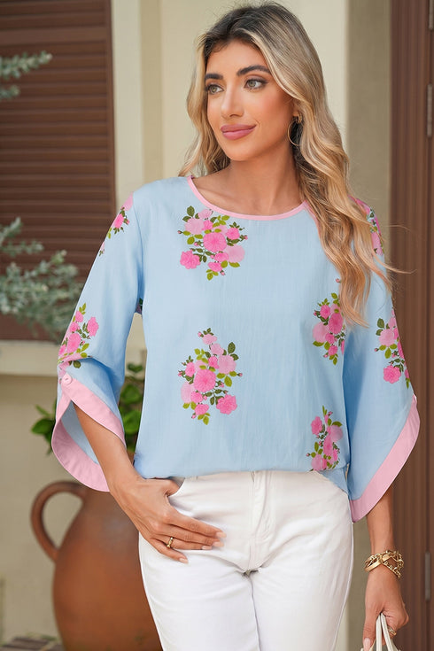 All Over Floral Print Round Neck Button Cuffed Blouse